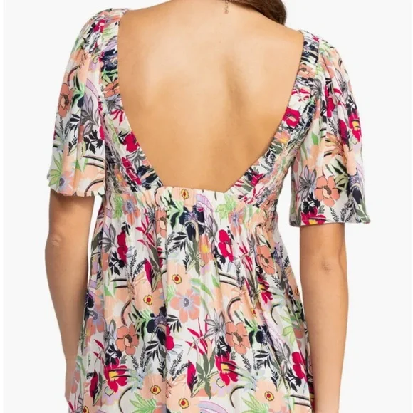 Roxy Golden Dawn White Pink Green Floral Sundress Smocked Ladies Large NWT - Picture 10 of 10